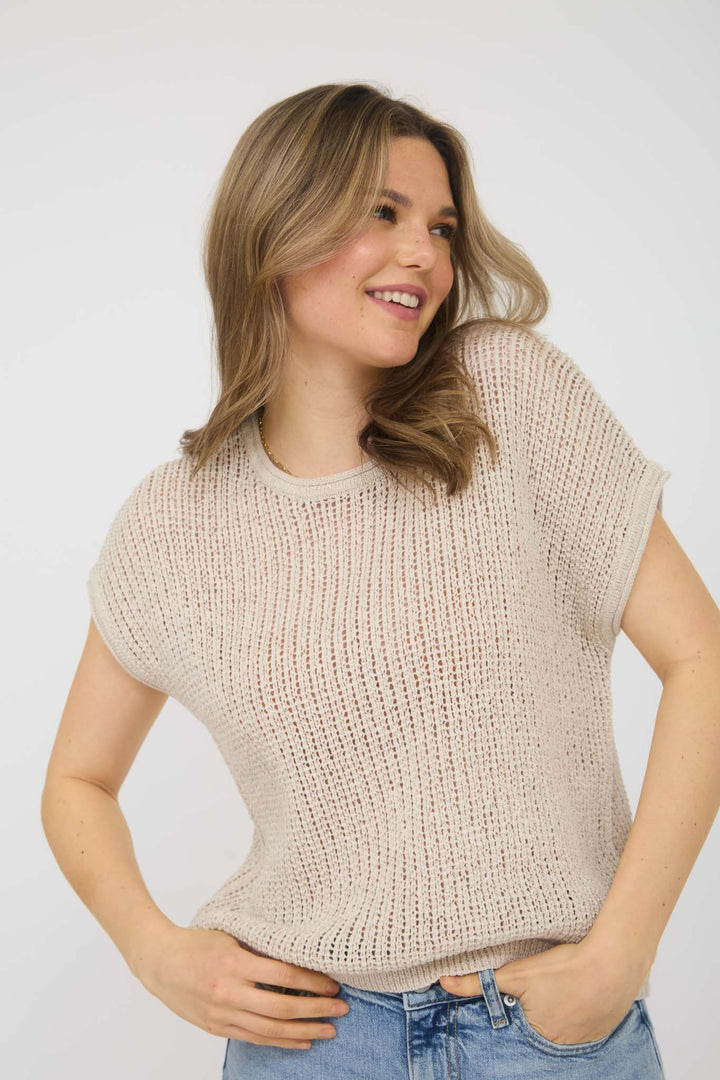 DROP SHOULDER CROCHET KNIT TOP