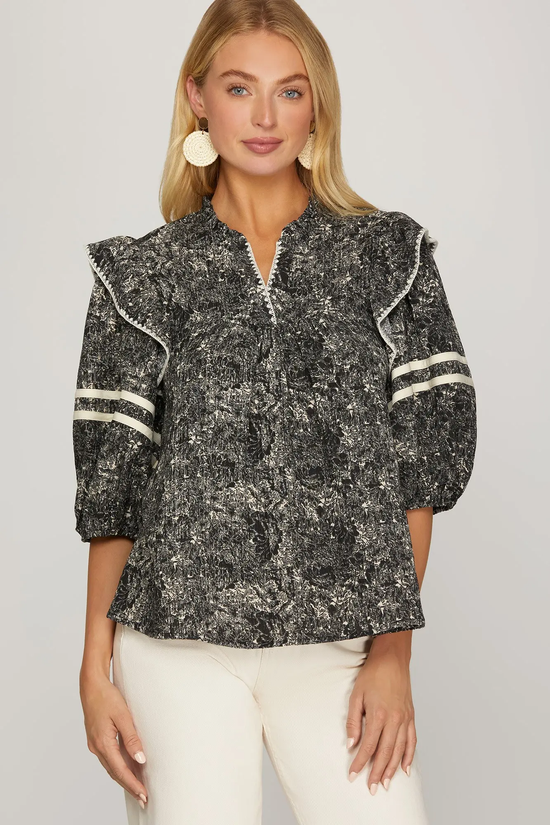 SHE & SKY Blanket Stitch Detail Top in black floral - view 2