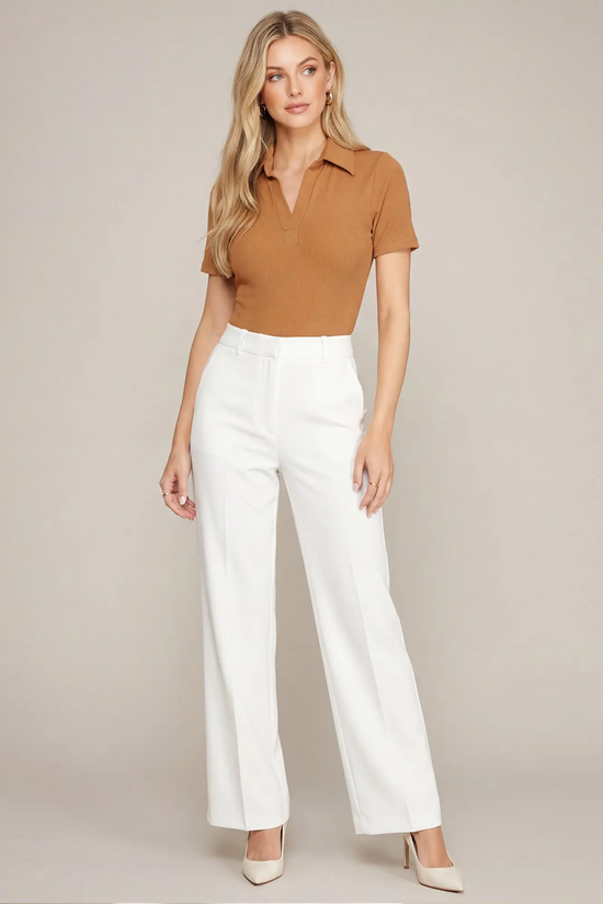 SHE & SKY Collared Rib-Knit Bodysuit in camel - view 4