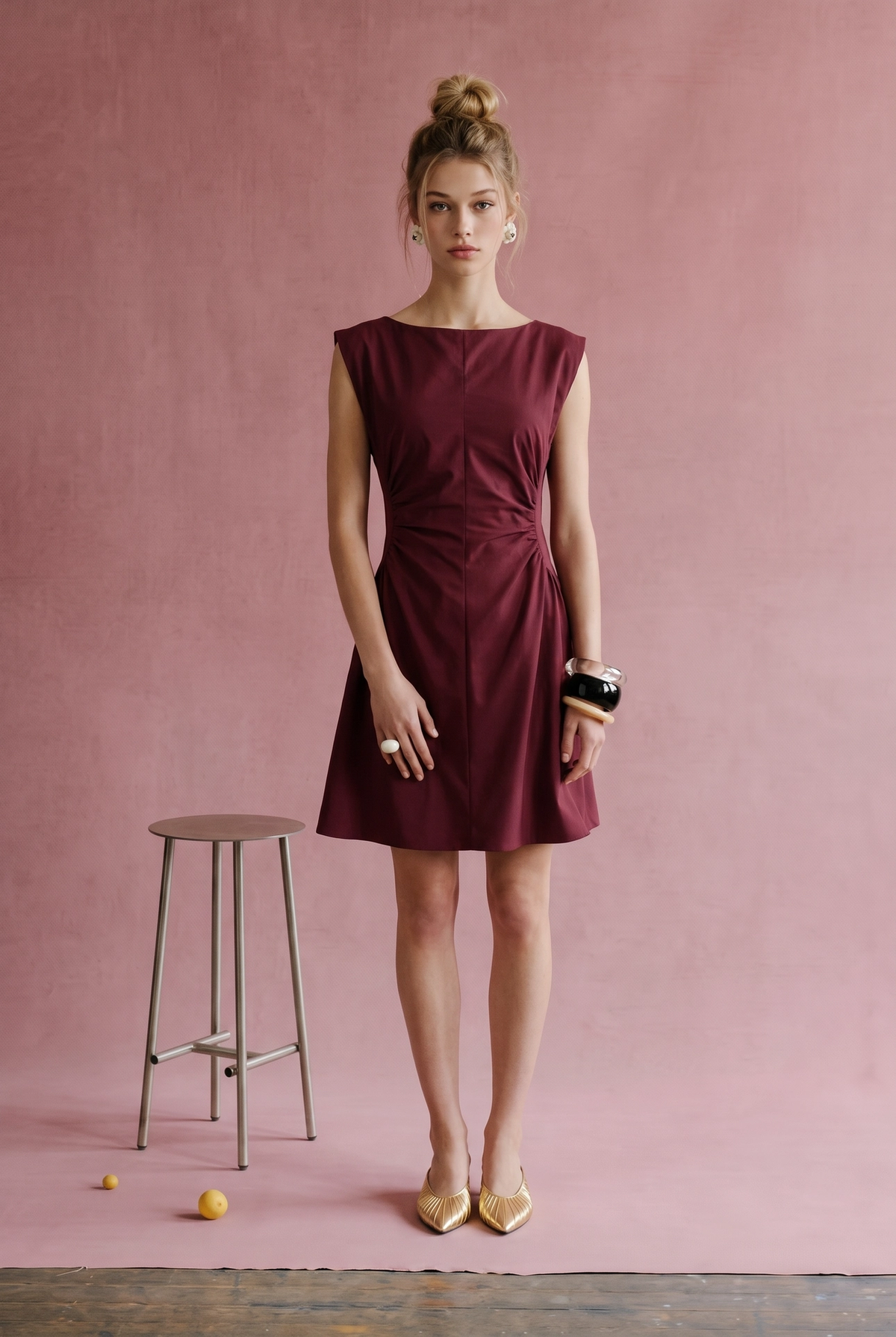 Black and wine side-panel ruched mini dress