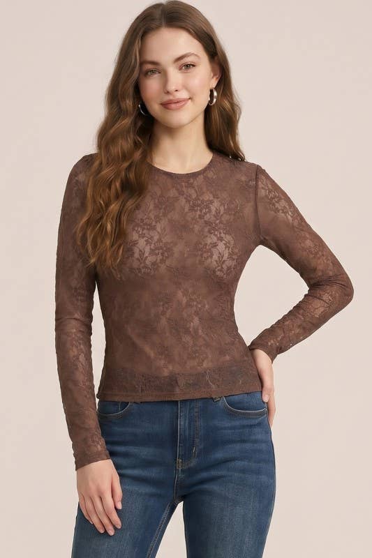 Black / Brown Sheer Lace Long-Sleeve Top - detail view