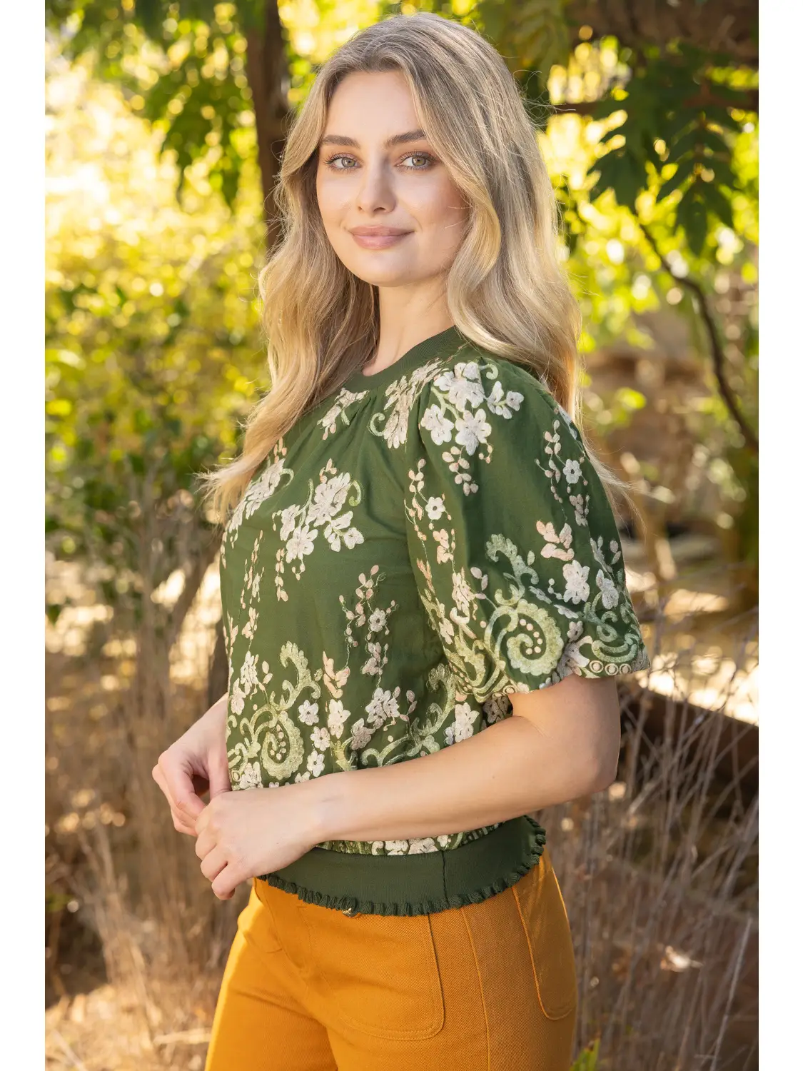 Green floral short-sleeve top alternate view