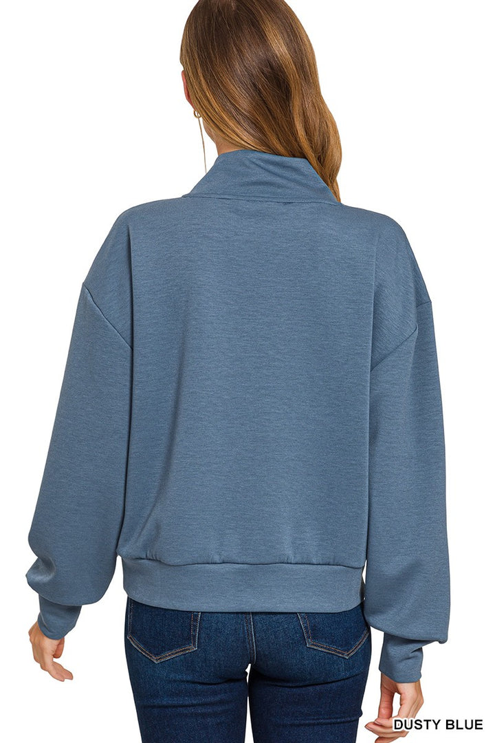 Dusty-blue scuba pullover with stand collar and half zip