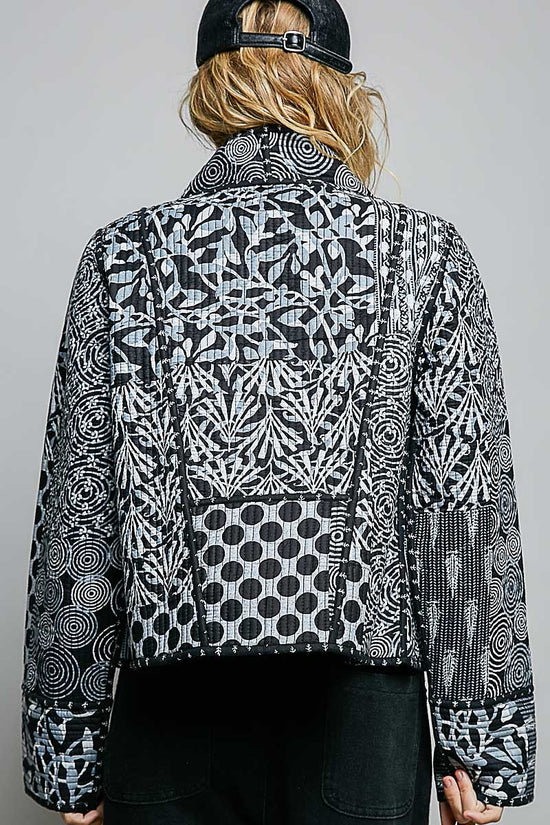 Black and ivory patchwork quilted kimono jacket, back view