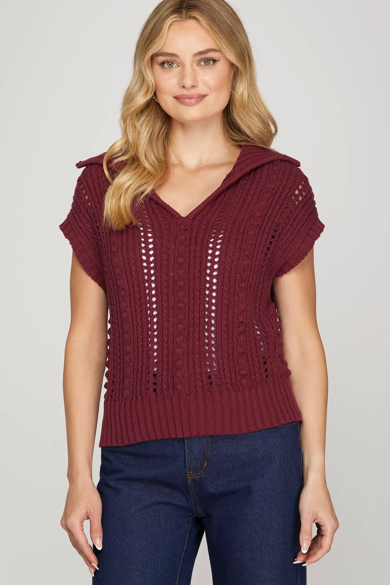 Red collared pointelle sweater top front view