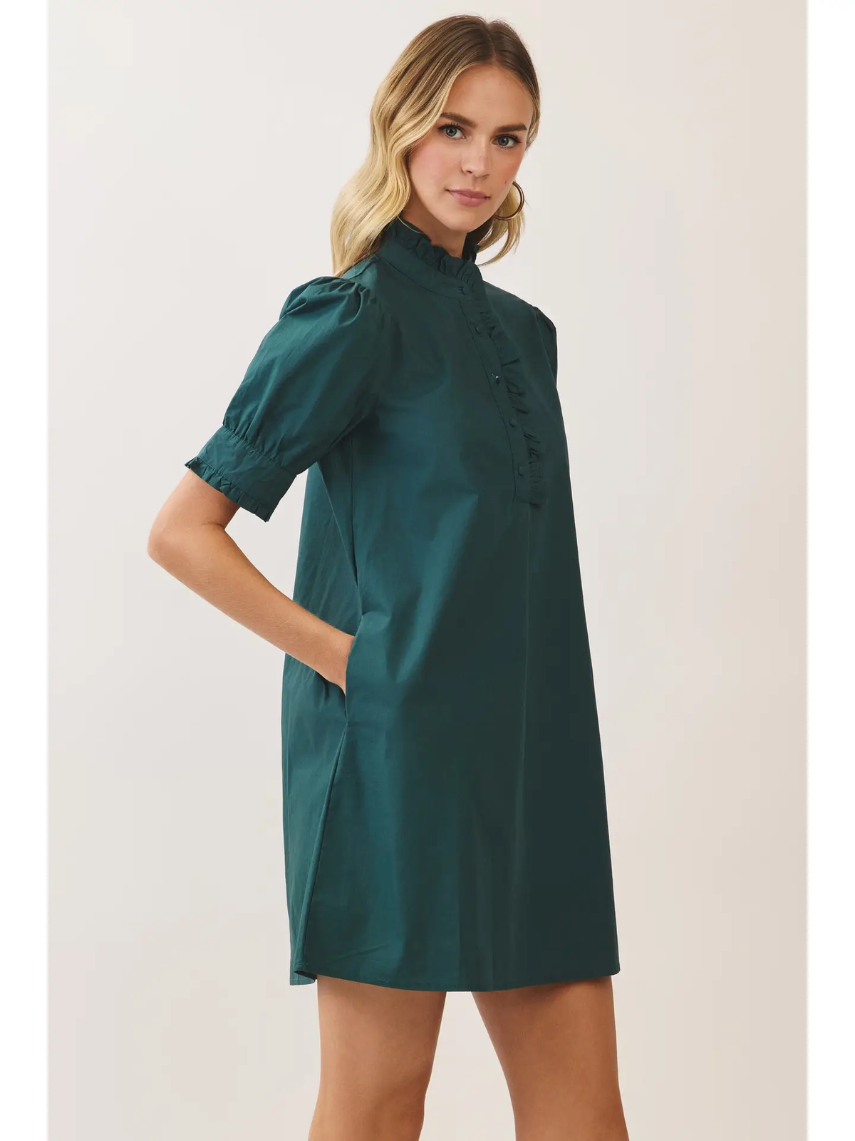 Hunter-green ruffle-collar puff-sleeve mini dress - angled view