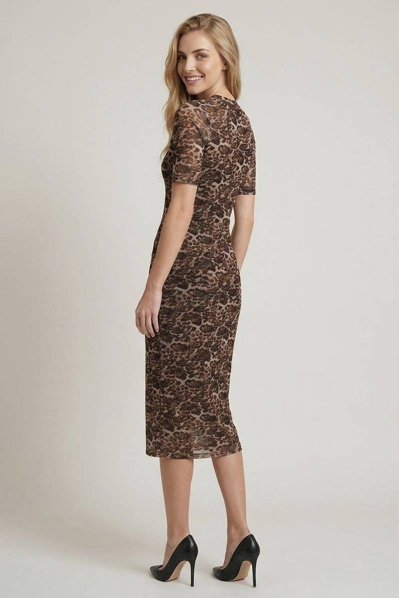 Brown leopard mesh midi dress - side view
