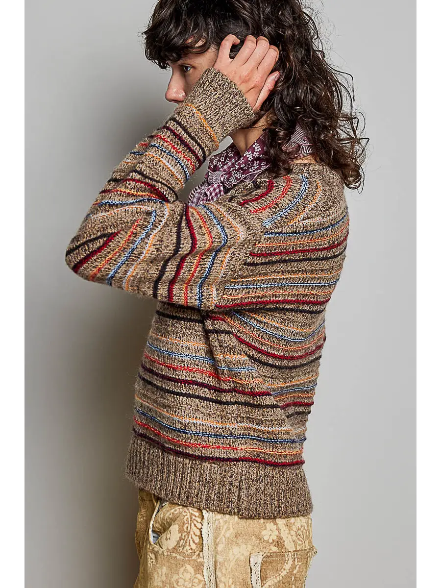 Brown brushed multistripe sweater showing the side fit