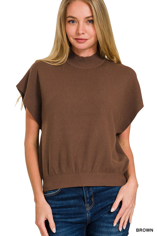 Brown mock-neck dolman short-sleeve sweater