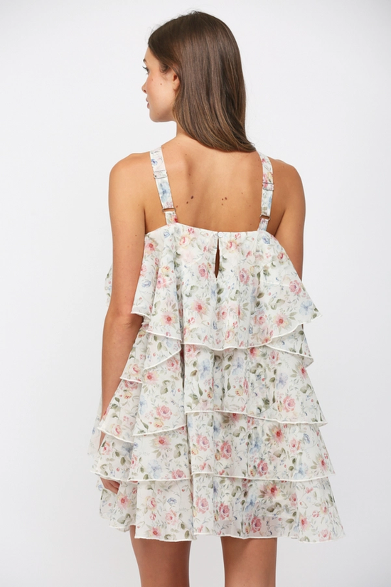 PETAL RUFFLE FLORAL MINI DRESS