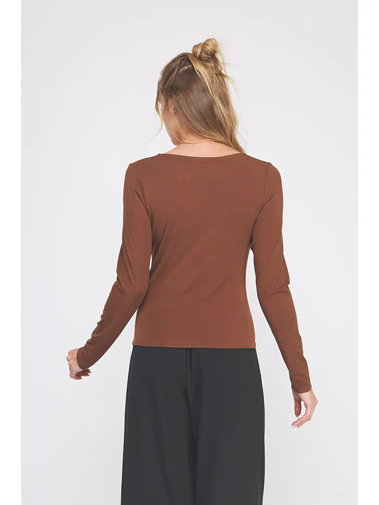 Brown asymmetric neckline top side view