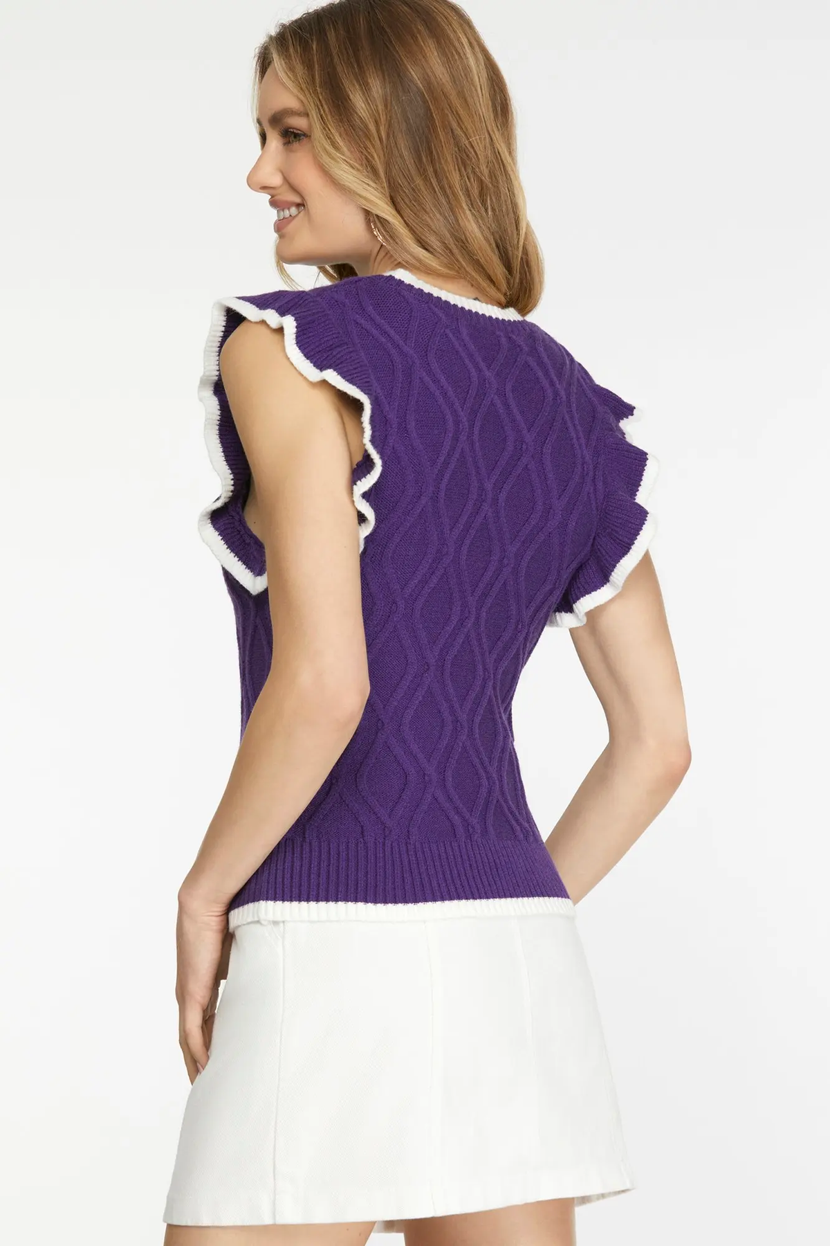 Purple contrast cable-knit sweater vest - view 2