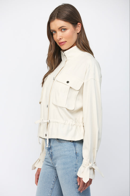 Ecru utility jacket, front styling view