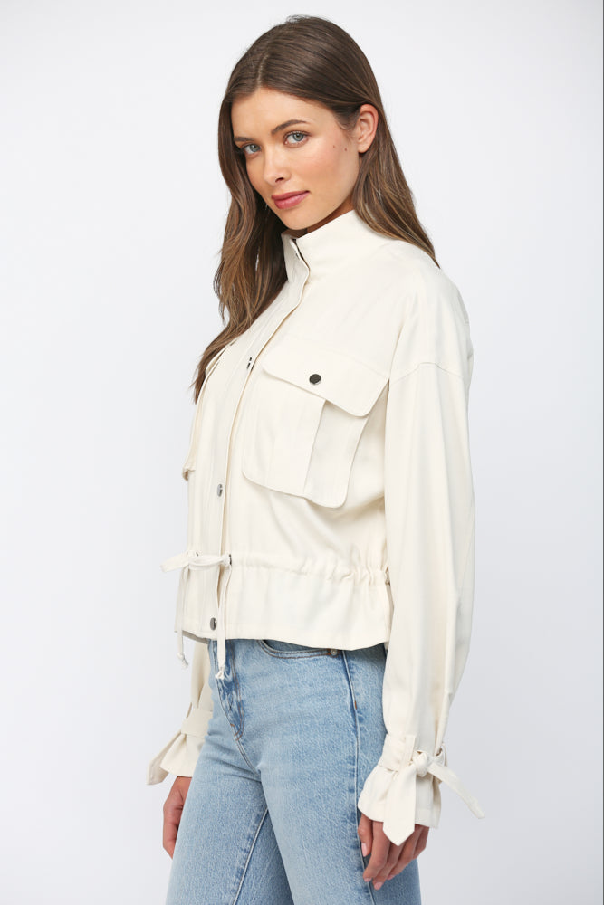 Ecru utility jacket, front styling view