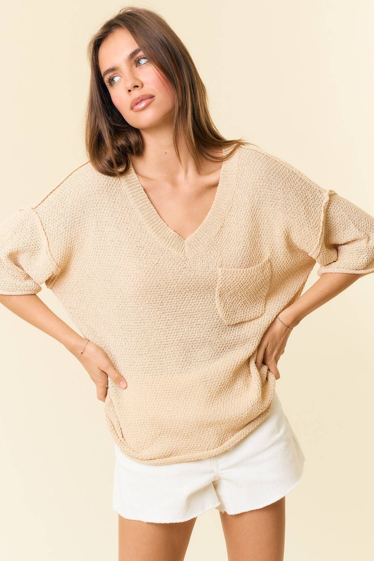 Textured V-Neck Drop-Shoulder Top