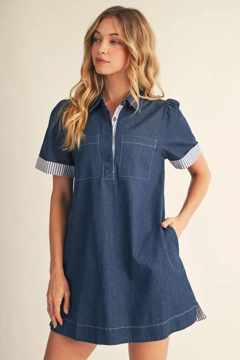 STRIPE CUFF DENIM MINI DRESS