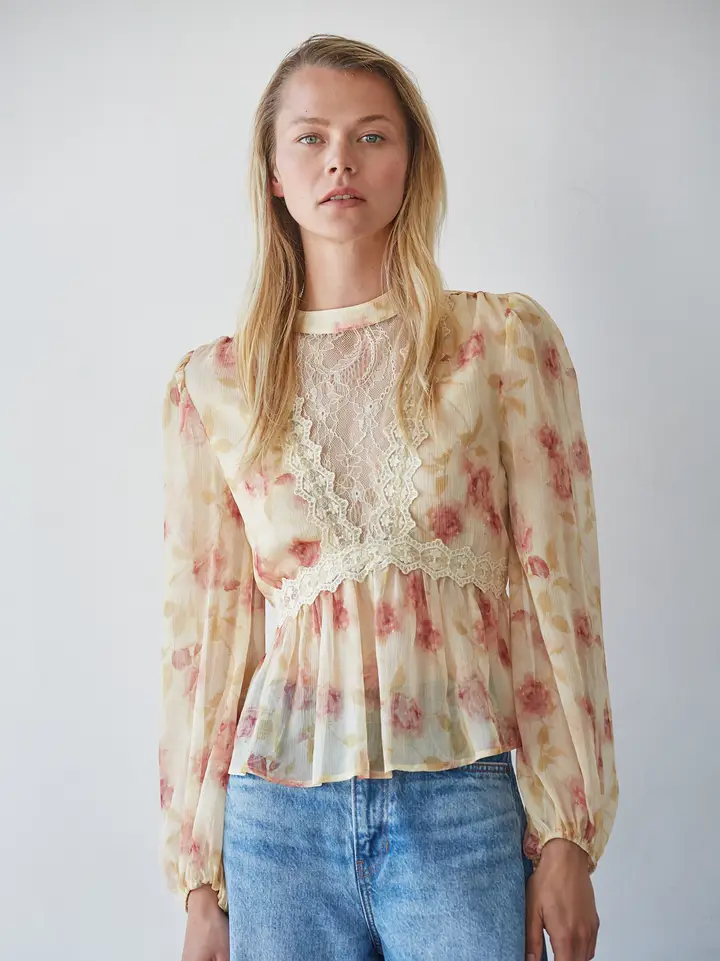 Cream-and-blush sheer long-sleeve mock-neck top