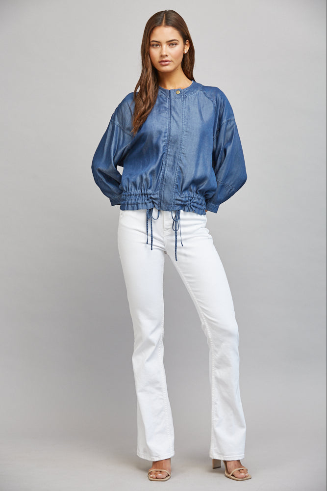 Dark denim jacket with three-quarter sleeves, back view