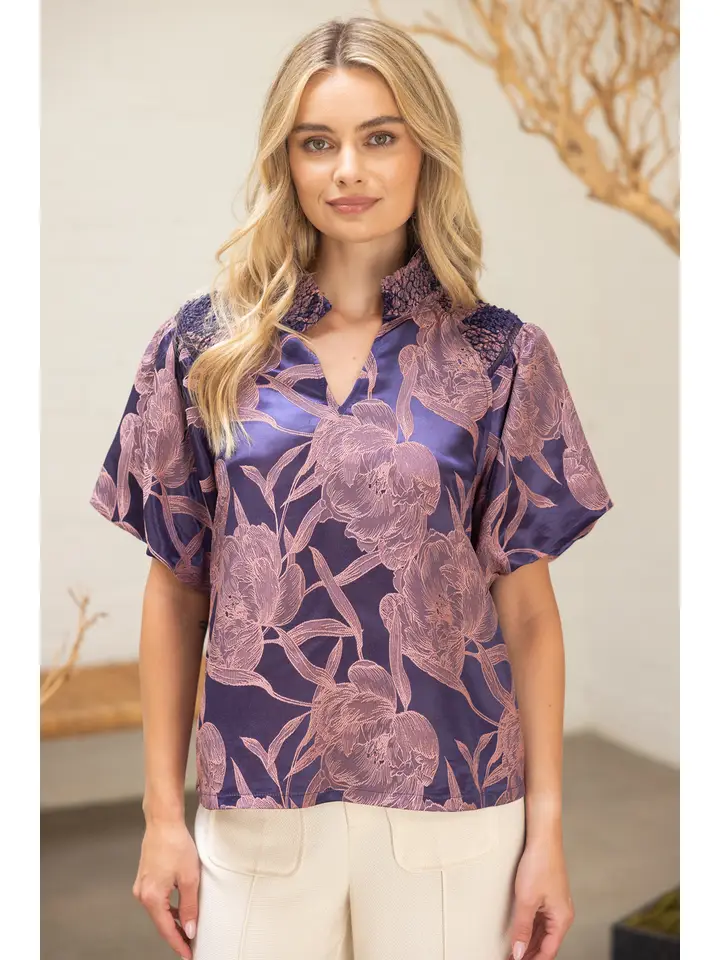 SMOCKED FLORAL PRINT TOP