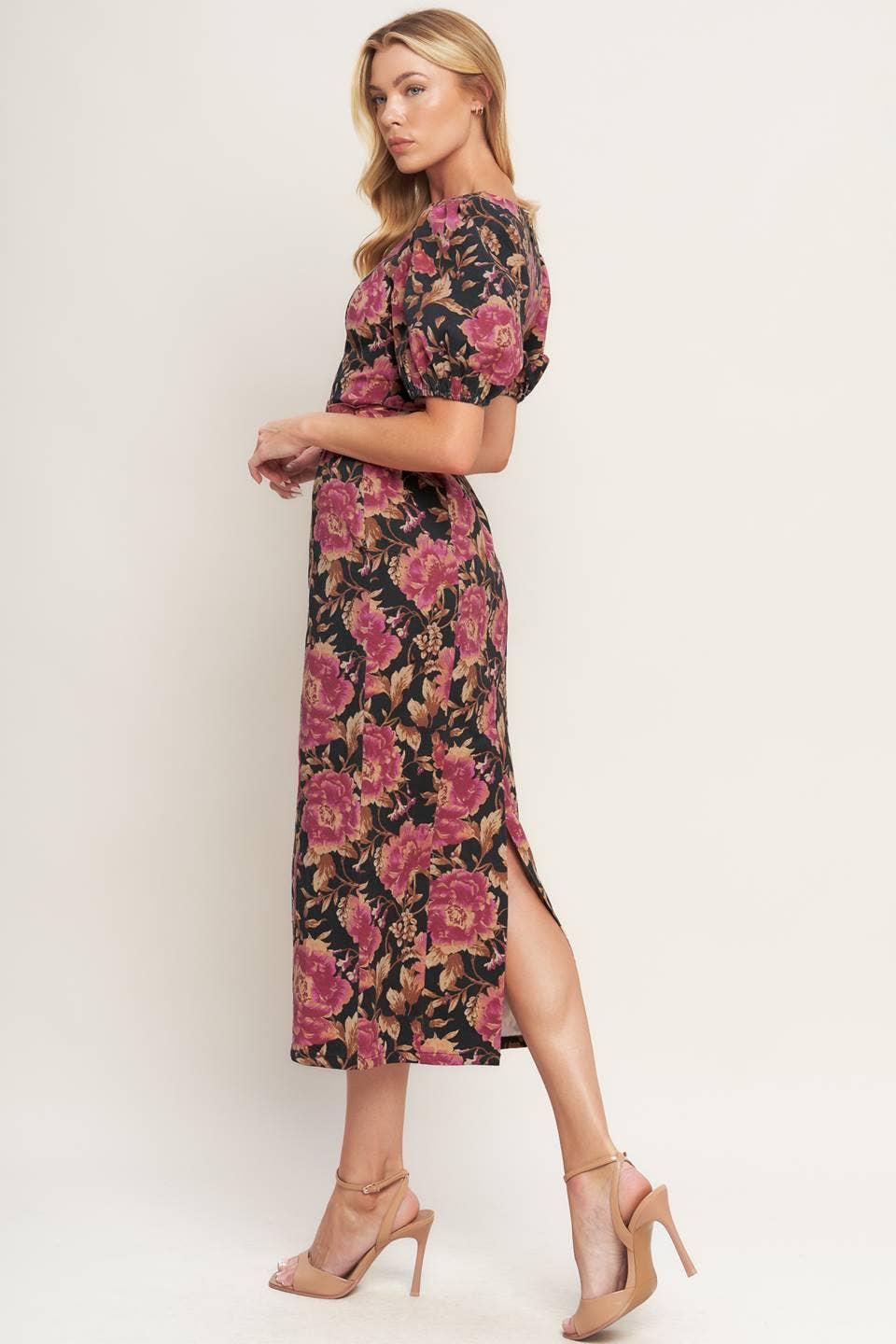 Floral Puff-Sleeve Pencil Midi Dress