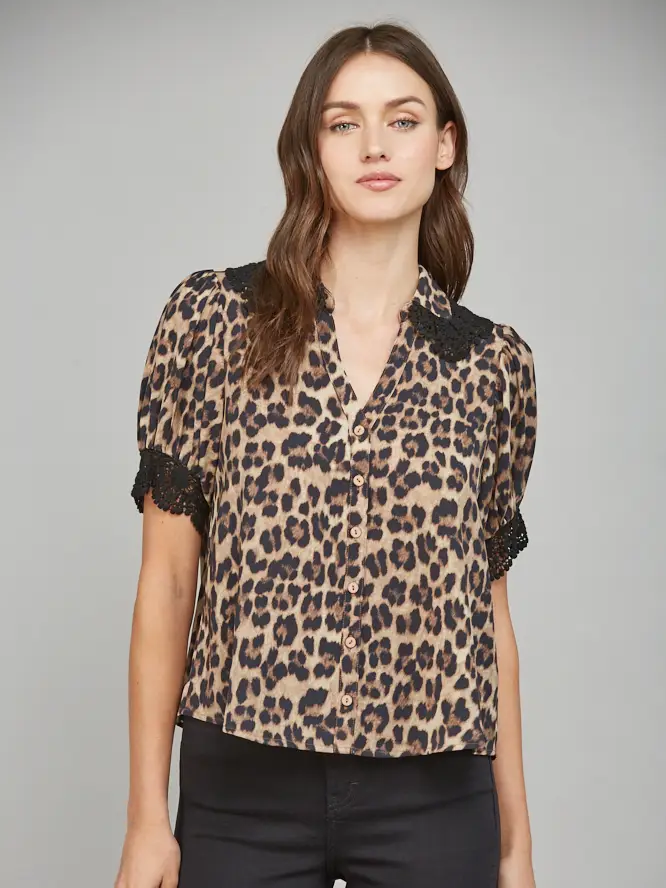 LACE TRIMMED ANIMAL PRINT BLOUSE