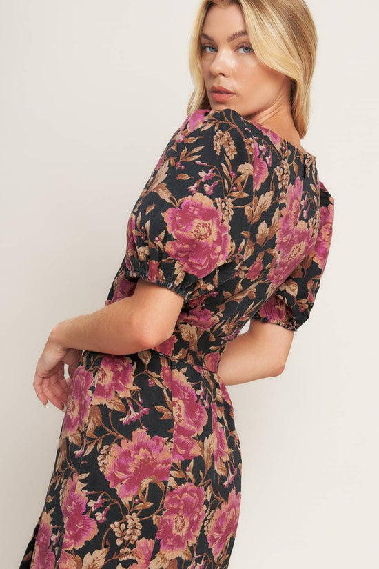 Floral Puff-Sleeve Pencil Midi Dress