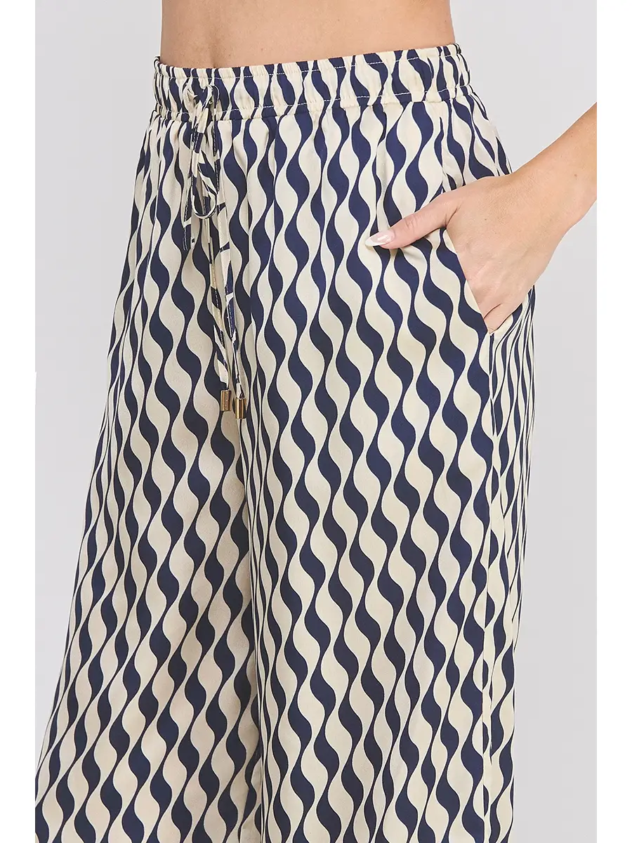PRINTED SATIN TIE WAIST WIDE LEG PANT