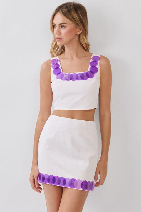 White / Purple TCU Sequin-Disc Crop Top - front view