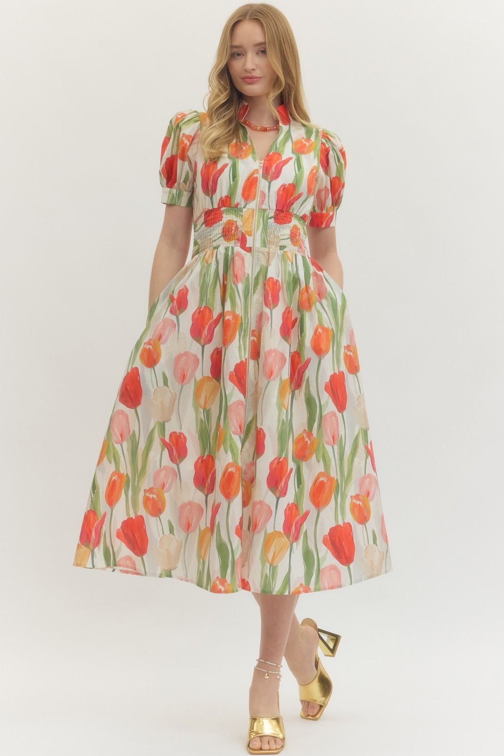 FLORAL PUFF SLEEVE ZIP MIDI DRESS