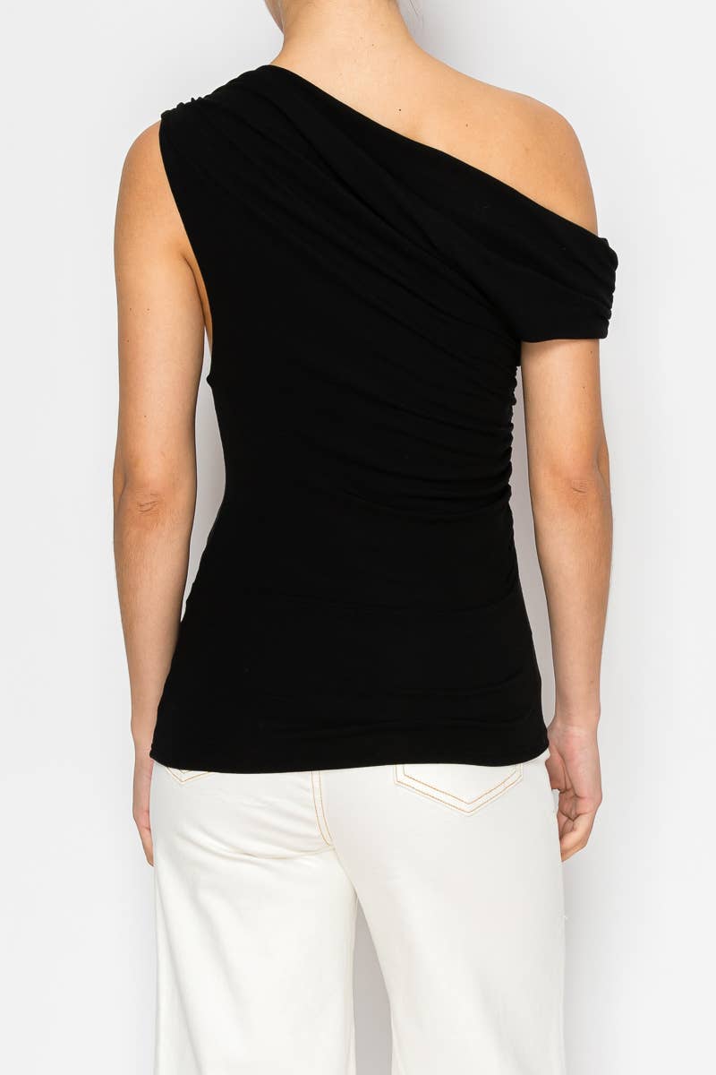 Black one-shoulder top ruching detail