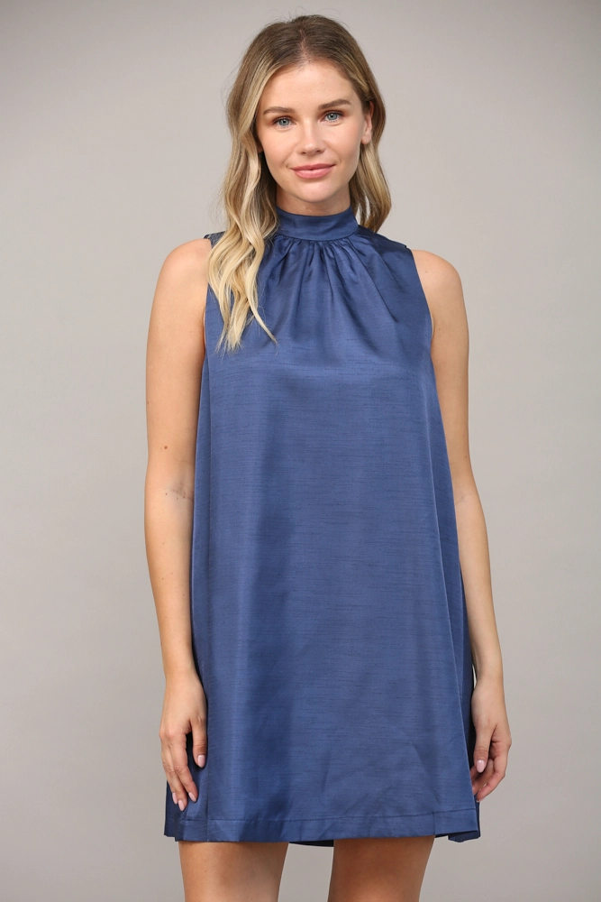 TIE BACK SLEEVELESS SATIN MINI DRESS