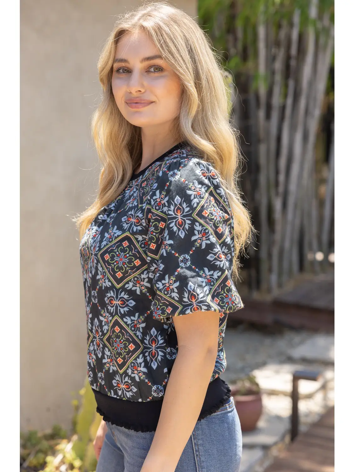 Black ornamental tile-print short-sleeve top alternate view