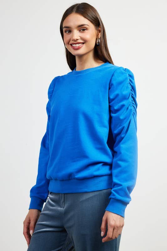 Blue ruched-sleeve knit top alternate view