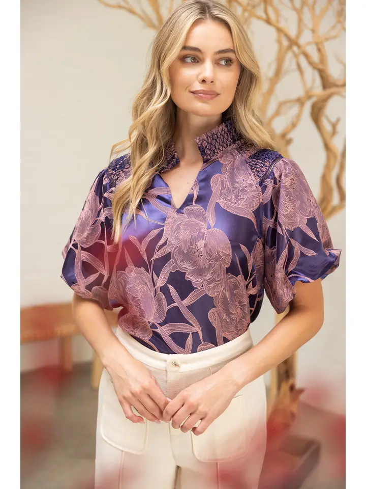 SMOCKED FLORAL PRINT TOP