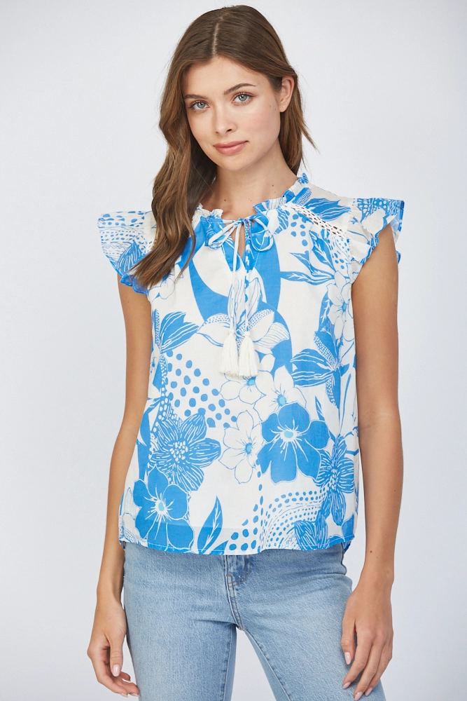 LACE INSERT FLUTTER SLEEVE FLORAL TOP