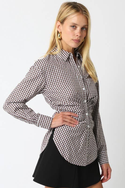 Gingham Ruched Button-Front Top