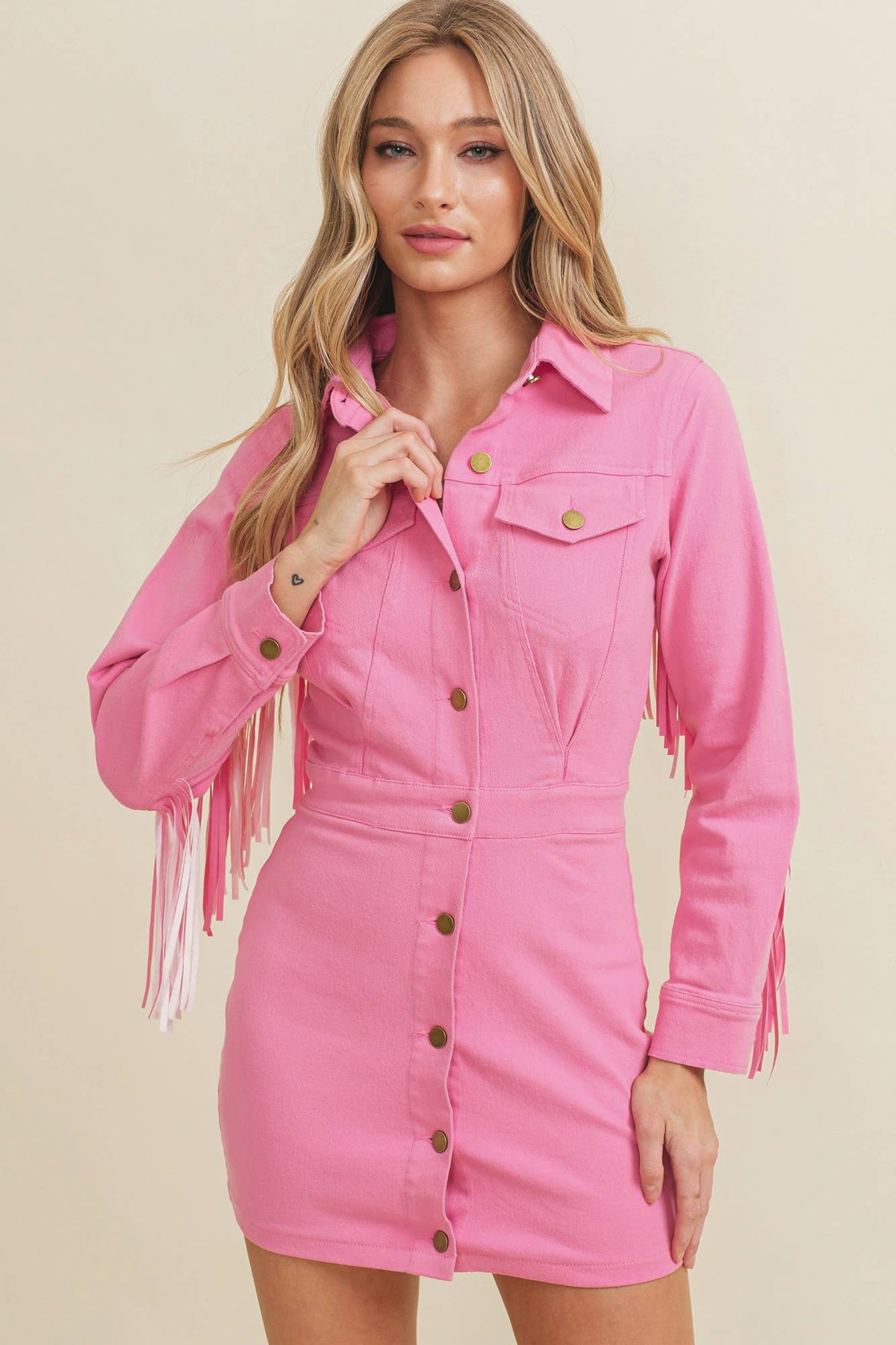 Fringe-Trim Button-Up Mini Dress