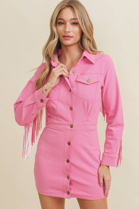 Fringe-Trim Button-Up Mini Dress