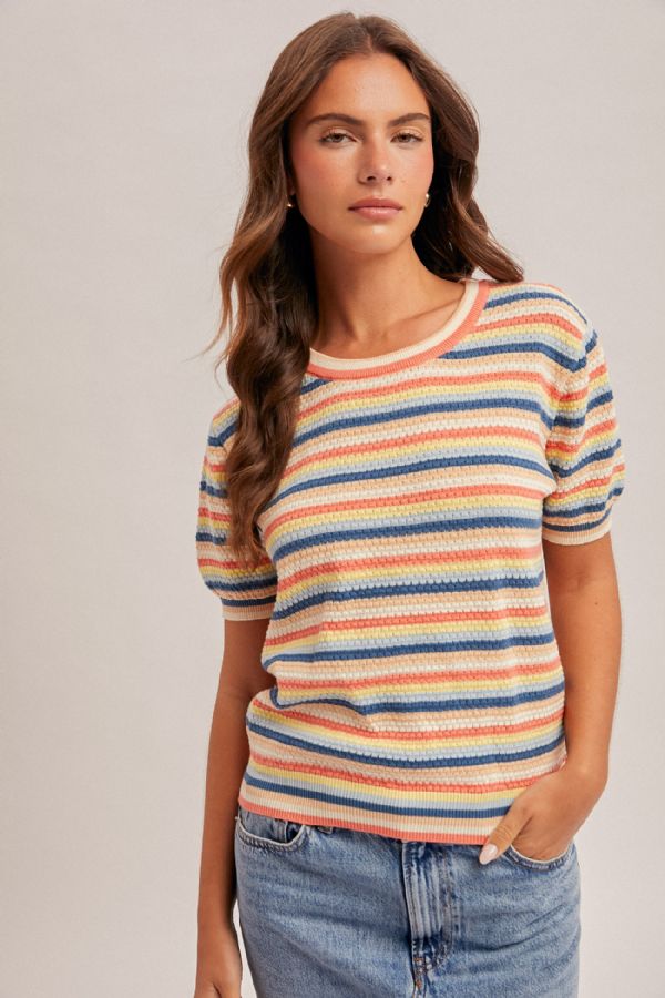 STRIPED POINTELLE KNIT TOP