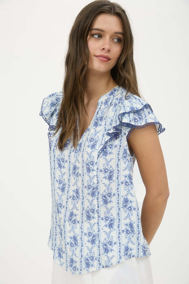 STRIPED FLORAL RUFFLE SLEEVE TOP
