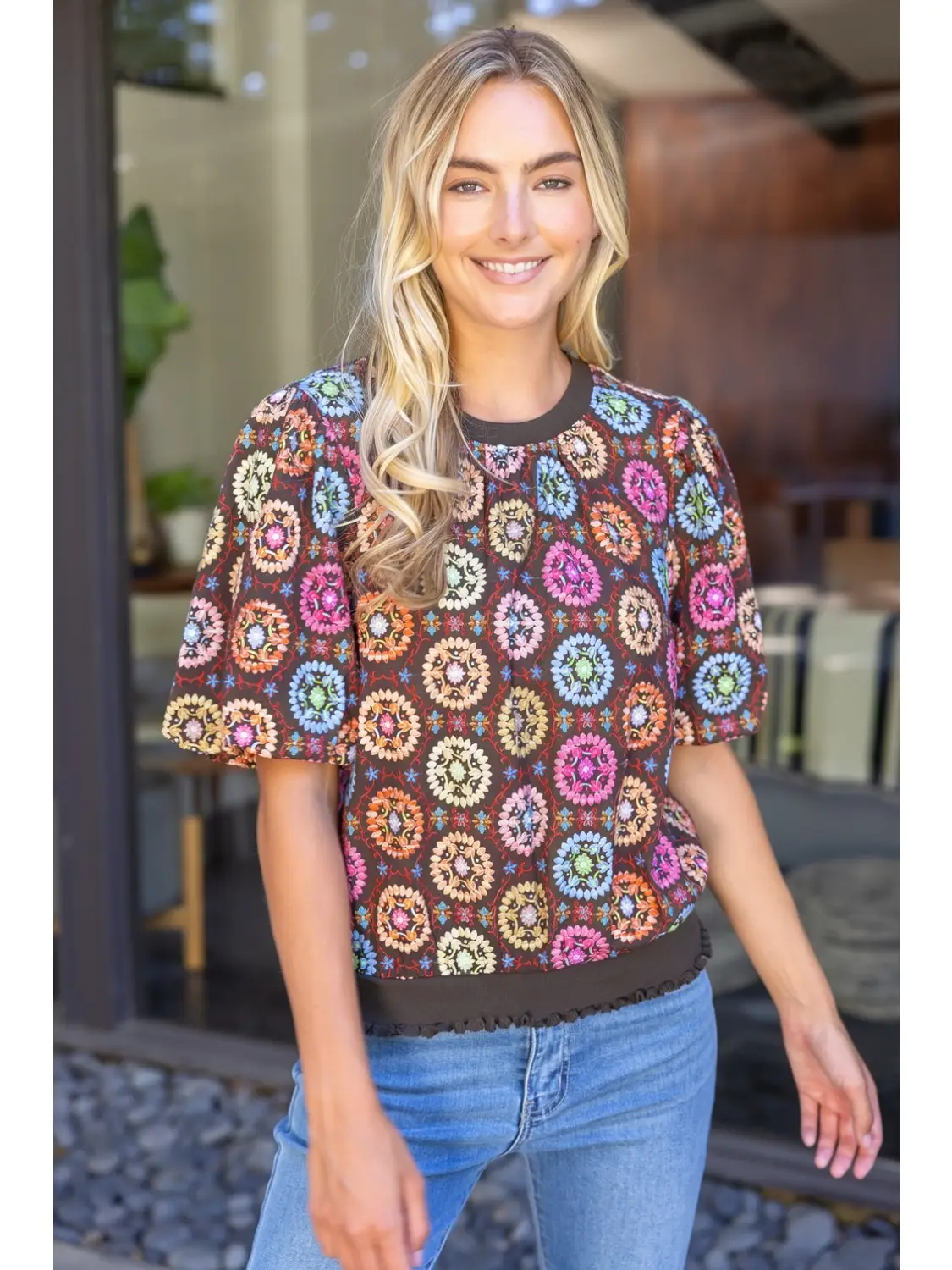 Brown Medallion Floral Short-Sleeve Top with multicolor print