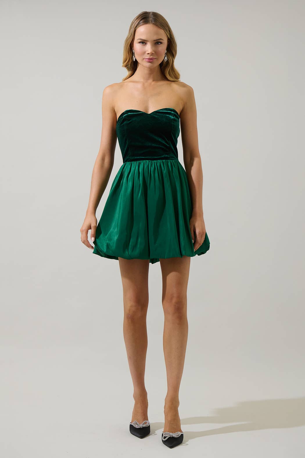 Emerald Jacie velvet bubble-hem mini dress - full front view