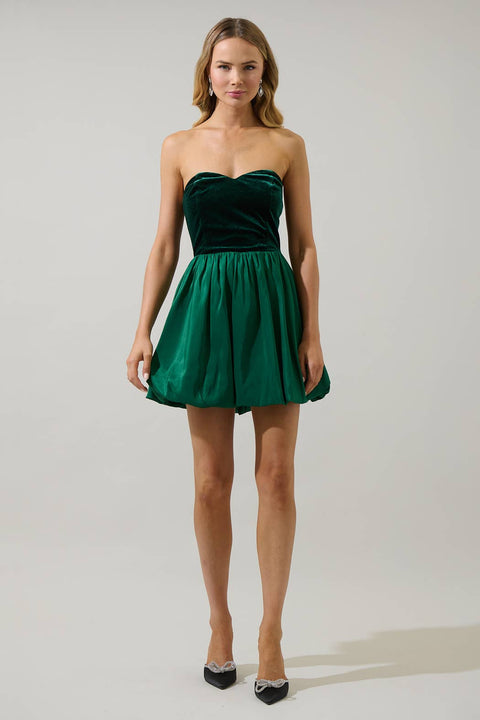 Emerald Jacie velvet bubble-hem mini dress - full front view