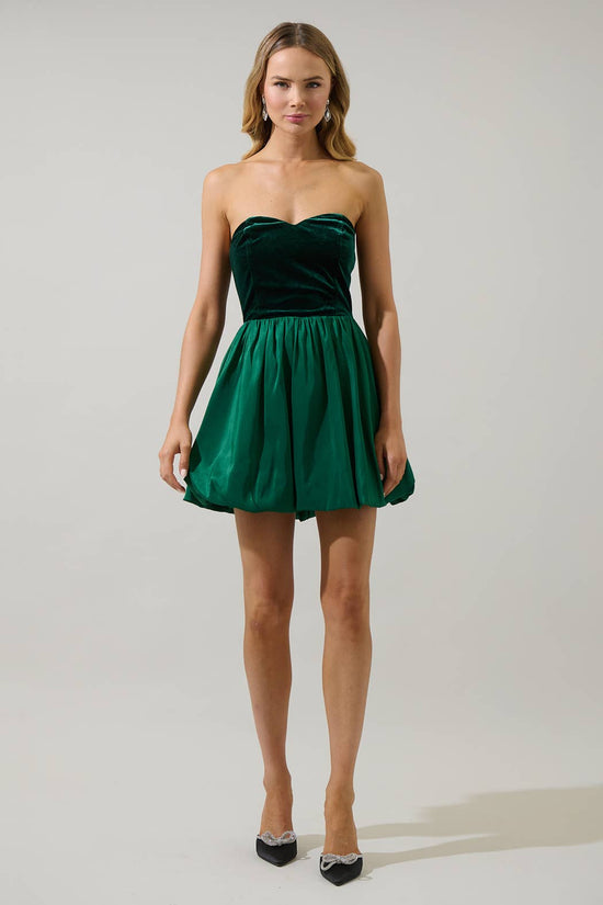 Emerald Jacie velvet bubble-hem mini dress - full front view