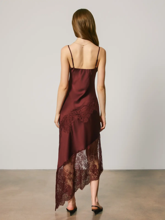 Cowl neckline and lace panel detail on wine dress