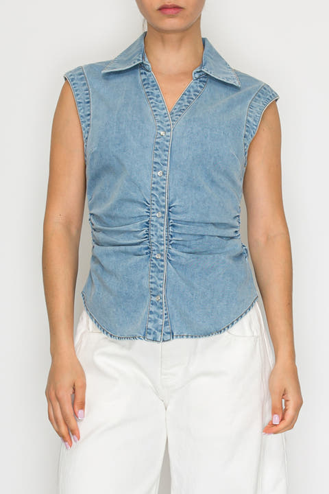 Ruched Denim Snap-Front Vest