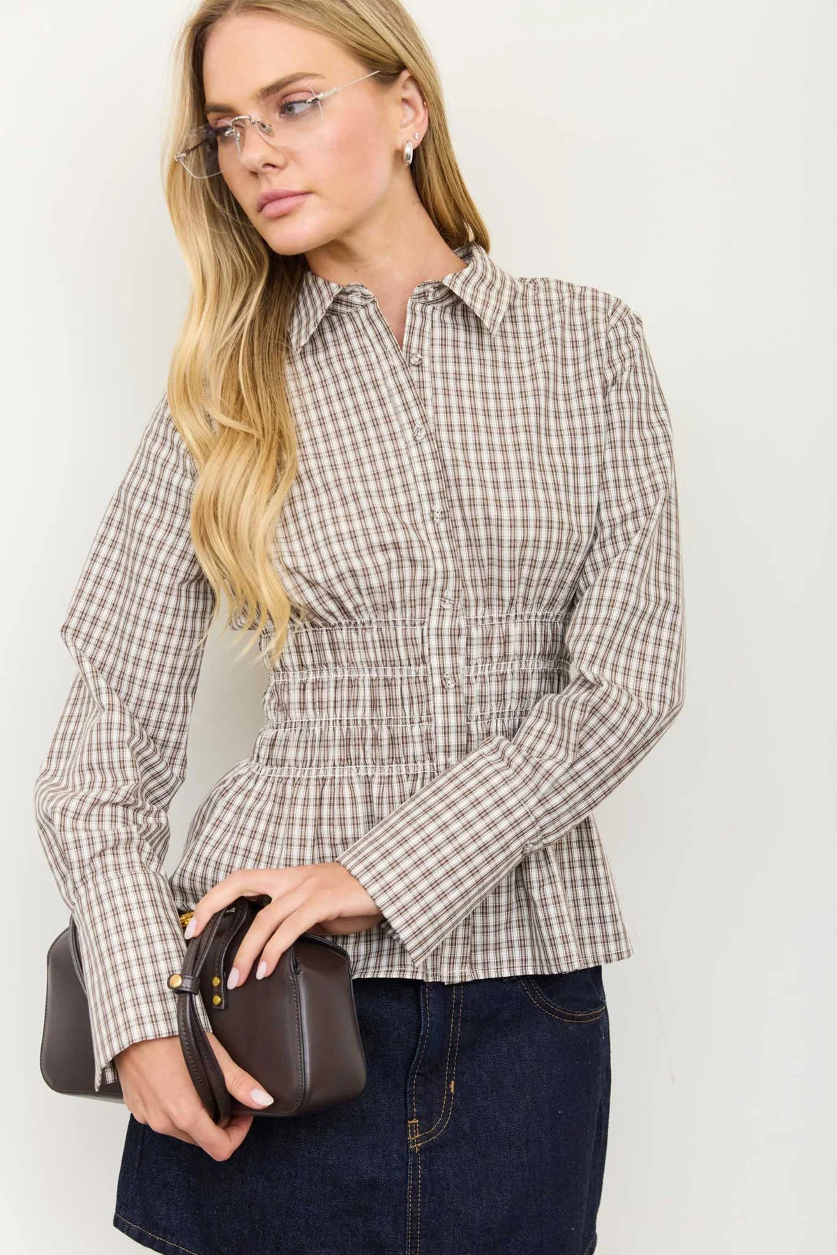 Plaid Shirred-Waist Shirt in brown - view 3